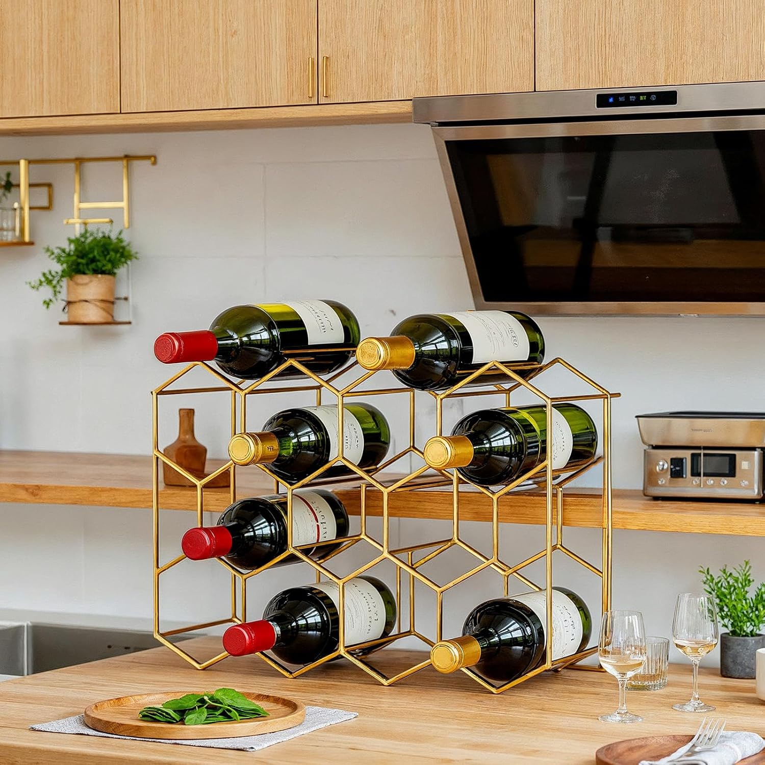 Countertop Wine Rack for 14 Bottles - Freestanding Modern Gold Wine Bottle Holder Stand for Kitchen, Bar, Pantry, No Assembly Required Space-Saving Design Cabinet & Counter Organizer Bottle Storage
