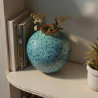 Creative Co-Op Round Decorative Terra-Cotta Vase with Transferware Pattern, Blue