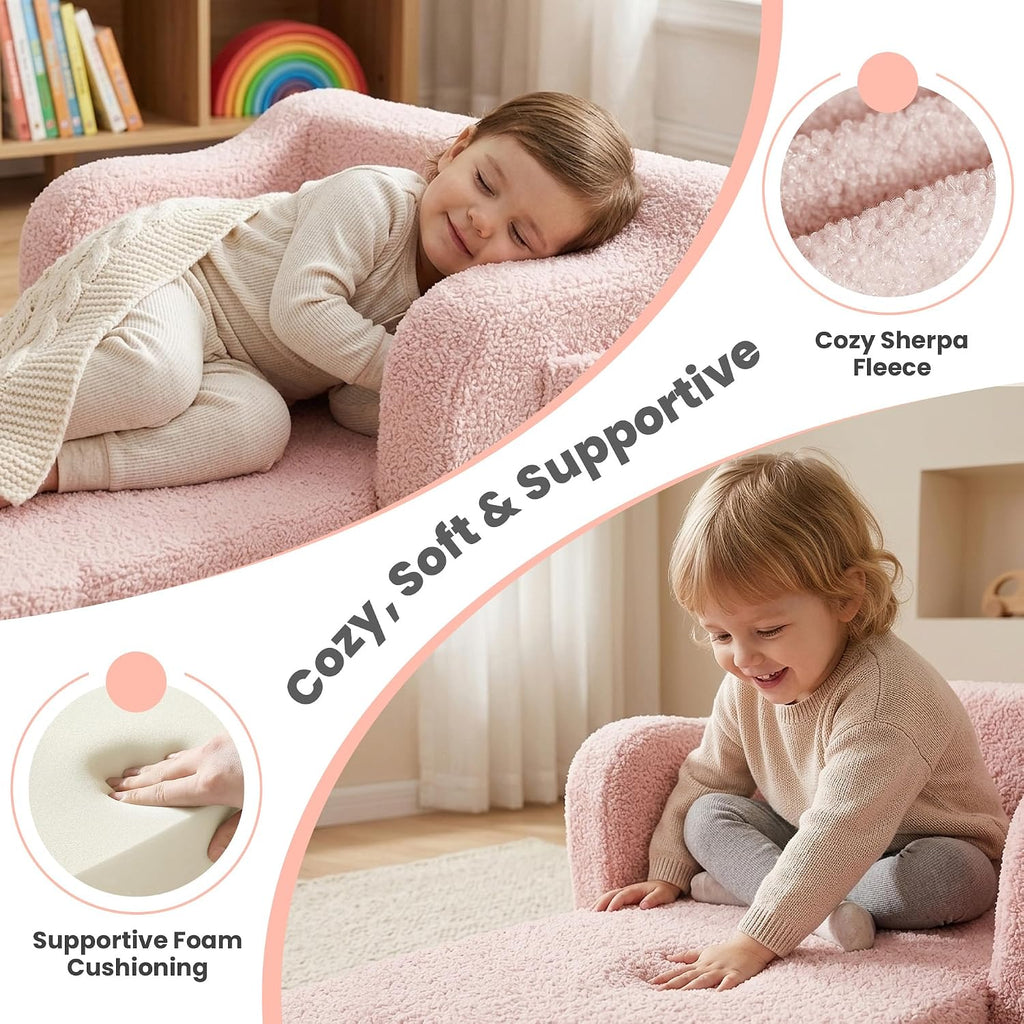 Toddler Couch 2-in-1 Fold Out Kids Sofa, Soft Comfy Lounger with Washable Cover Pocket, Kids Couch for Reading, Perfect for Bedroom, Playroom, Living Room, Gift for Girls Boys Age 1-3, Pink