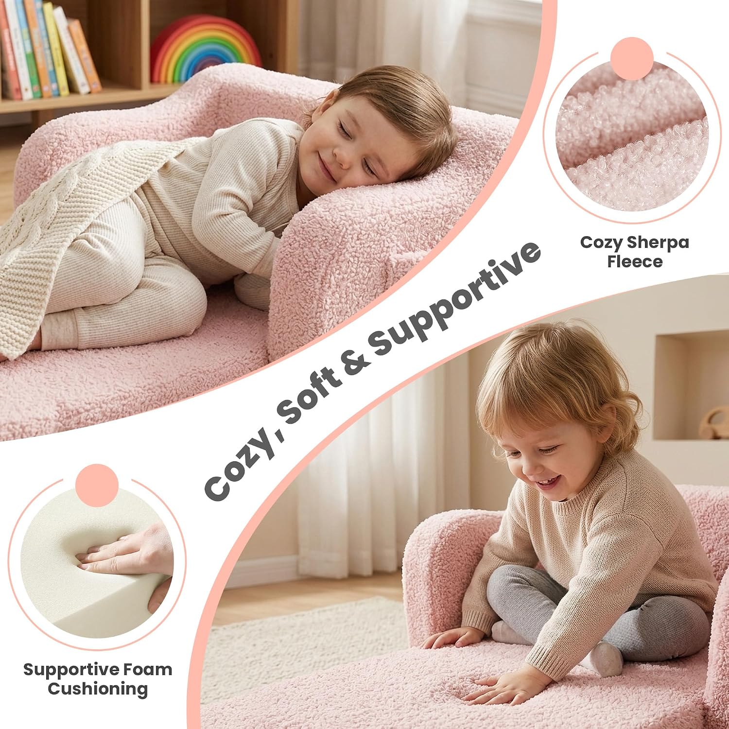 Toddler Couch 2-in-1 Fold Out Kids Sofa, Soft Comfy Lounger with Washable Cover Pocket, Kids Couch for Reading, Perfect for Bedroom, Playroom, Living Room, Gift for Girls Boys Age 1-3, Pink