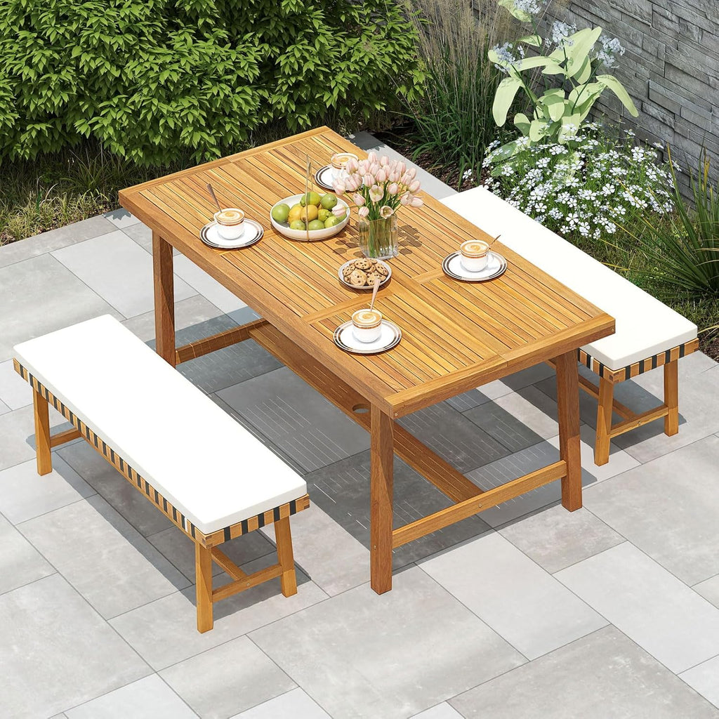 Tangkula Acacia Wood Outdoor Bench with Padded Cushion, 48" Long Dining Bench with Washable Zippered Cover, Backless Wooden Entryway Bench, Garden Poolside Porch Balcony Deck Indoor Furniture (1)