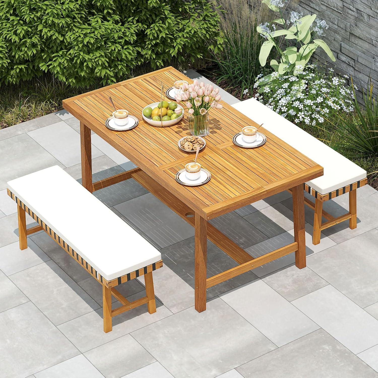 Tangkula Acacia Wood Outdoor Bench with Padded Cushion, 48" Long Dining Bench with Washable Zippered Cover, Backless Wooden Entryway Bench, Garden Poolside Porch Balcony Deck Indoor Furniture (1)