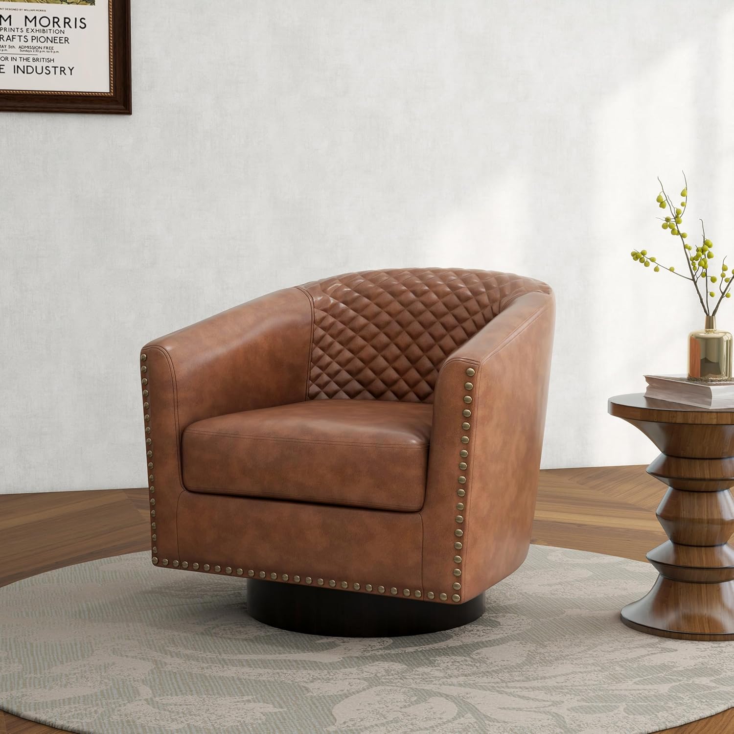 Swivel Barrel Accent Chair Set of 2, Comfy Modern Upholstered Round Faux Leather Arm Chair for Living Room, Bedroom, Brown