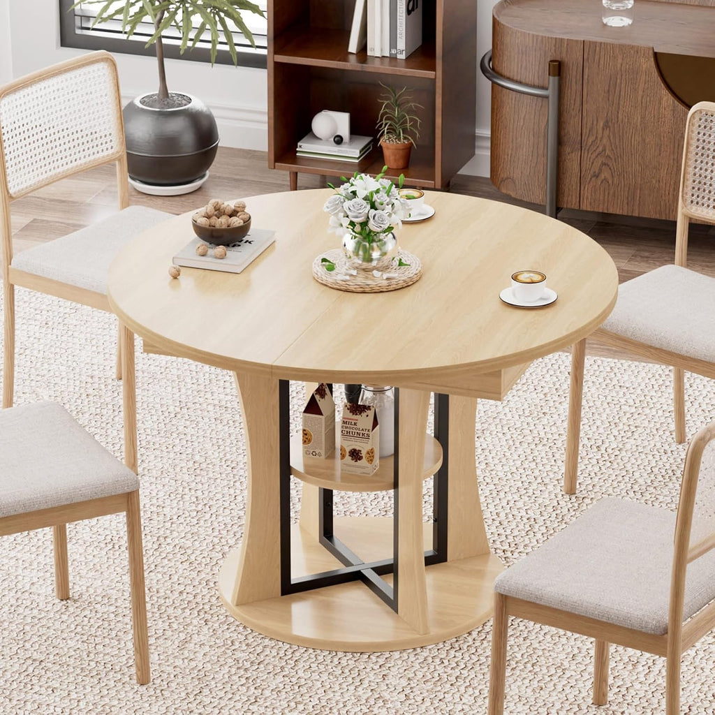 AwayHome 43.3''-59'' Extendable Round Dining Table for 4-8, Modern Kitchen Expandable Dining Table with Storage, Space Saving Circle Oval Kitchen Table with Leaf for Dining Room Living Room