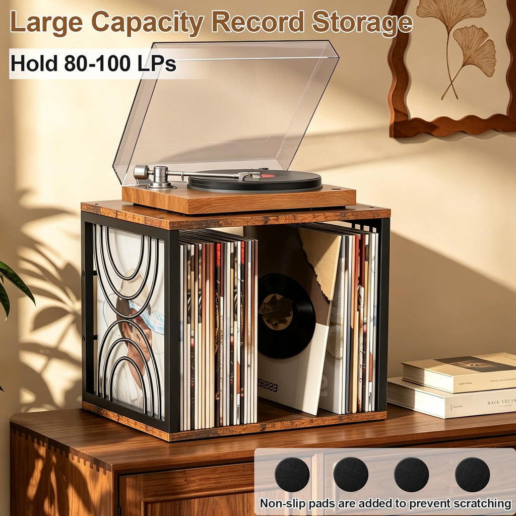 Wood Vinyl Record Storage,DIY Stackable Record Holder,Holds 80-100 LPs,Retro Vinyl Holder, Visualize Album Crate Cube,Top Supports Turntable in Bedroom Living Room Music Corner for 7/10/12In