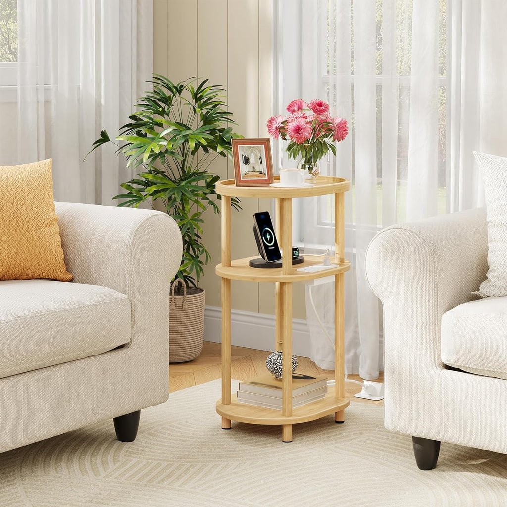 HOOBRO Small Side Table with Charging Station, Small End Table, 3-Tier Oval Bamboo Accent Table, Compact Sofa Bedside Table, for Living Room, Bedroom, Apartment, Natural YL177UBZ01