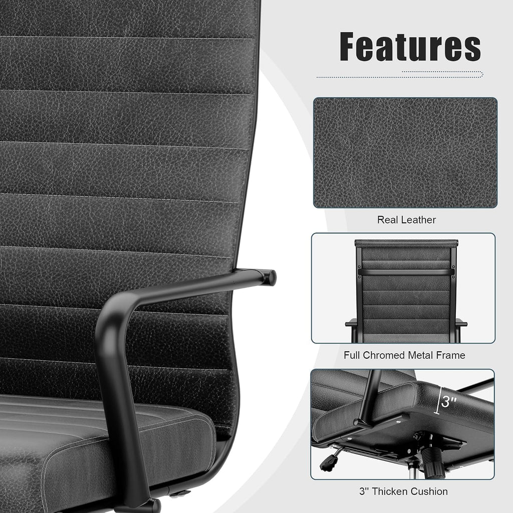 Okeysen Genuine Leather Office Chair, Mid-Century Modern Real Leather Conference Room Chairs, Ergonomic Executive Ribbed Height Adjustable Swivel Rolling Desk Chair for Home Office.