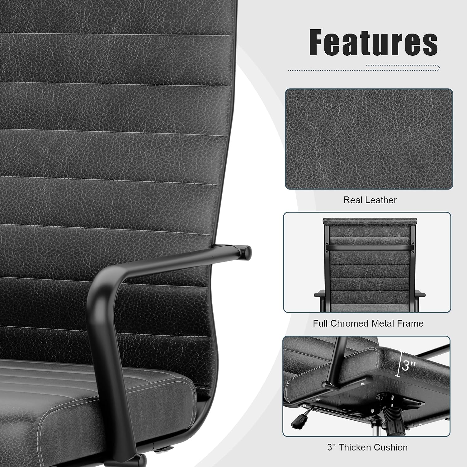 Okeysen Genuine Leather Office Chair, Mid-Century Modern Real Leather Conference Room Chairs, Ergonomic Executive Ribbed Height Adjustable Swivel Rolling Desk Chair for Home Office.
