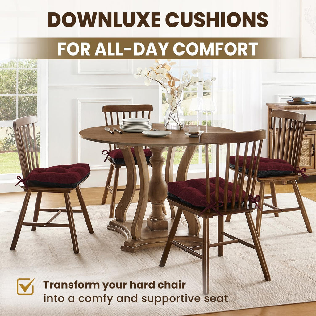 downluxe Indoor Chair Cushions for Dining Chairs, Tufted Overstuffed Textured Kitchen Chair Pads with Ties and Non-Slip Backing, 15.5" x 15.5" x 4", Burgundy, 6 Pack