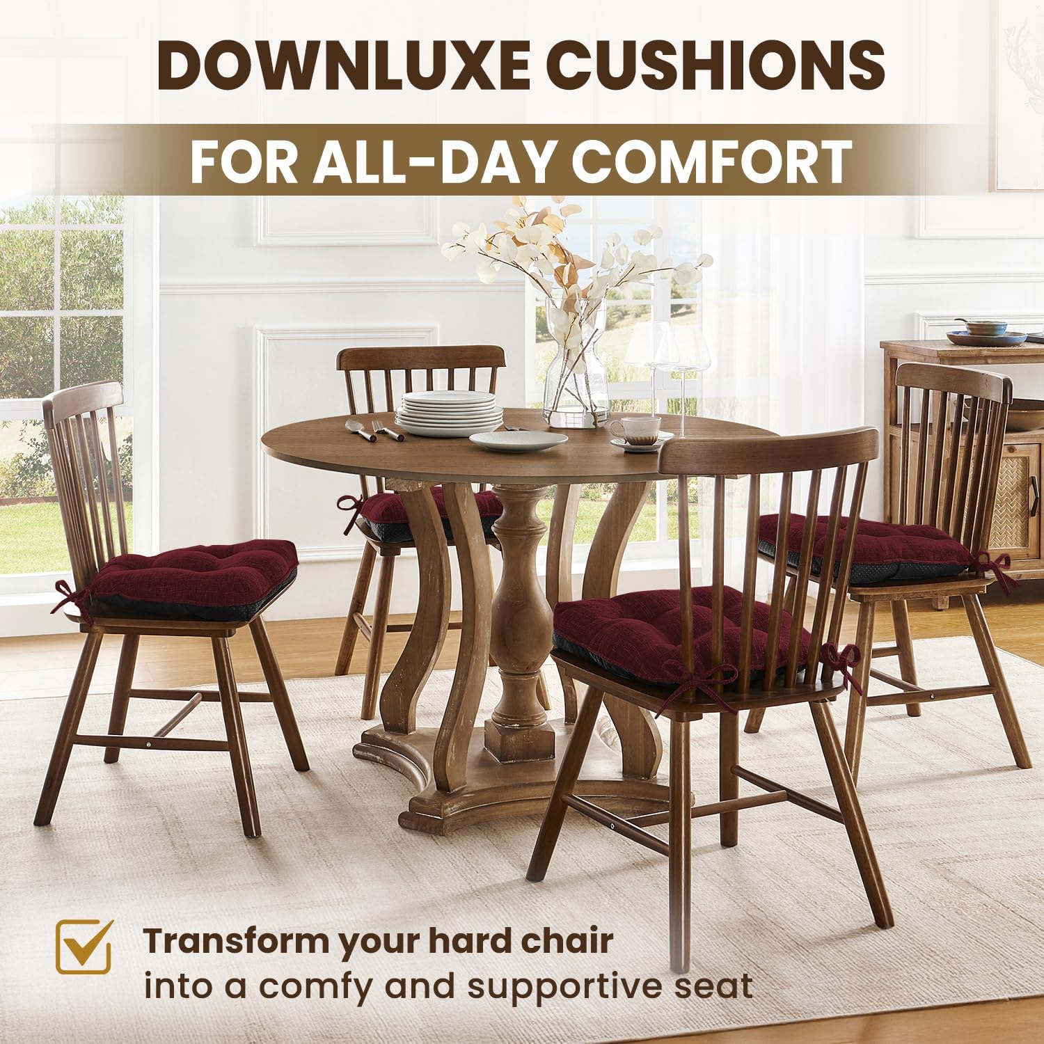 downluxe Indoor Chair Cushions for Dining Chairs, Tufted Overstuffed Textured Kitchen Chair Pads with Ties and Non-Slip Backing, 15.5" x 15.5" x 4", Burgundy, 6 Pack