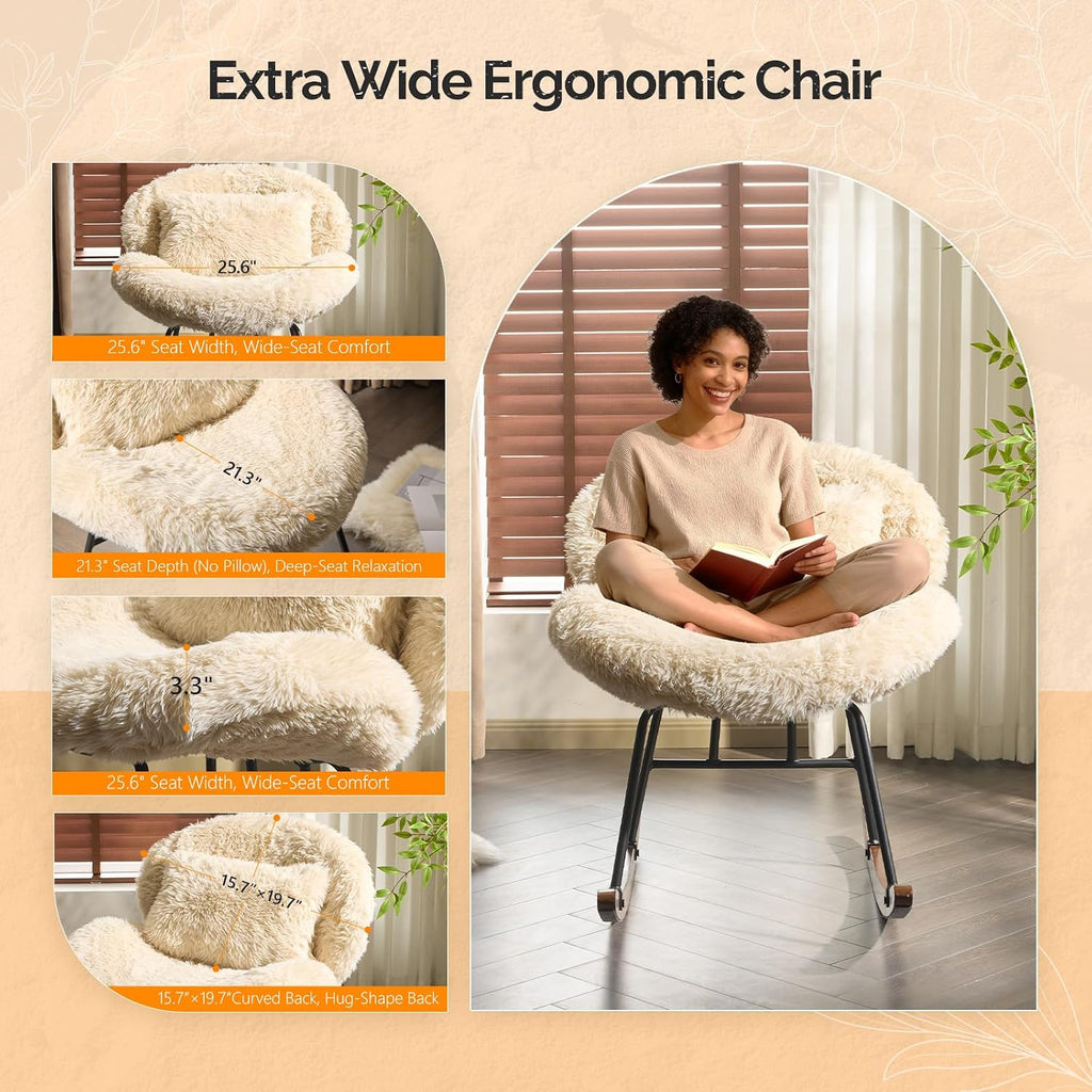 VINGLI 25.6" Extra Wide Criss Cross Nursery Rocking Chair,Cute Curved 115° Reclining Armless Glider,Plush Small Rocker w/Pillow & Solid Wood for Indoor,Bedroom, Living Room,Fluffy Fleece,Sandy Beige