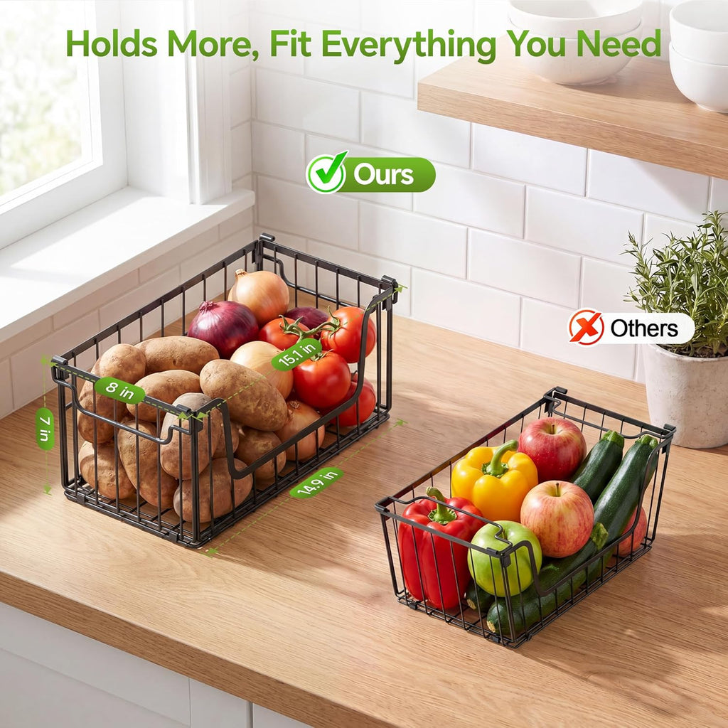 MSERCUOR 4 Pack Potato and Onion Storage Bin, Stackable Wire Fruit Basket for Kitchen Counter, Sweet Potatoes Storage for Kitchen Organization and Storage, Black Foldable Wire Basket