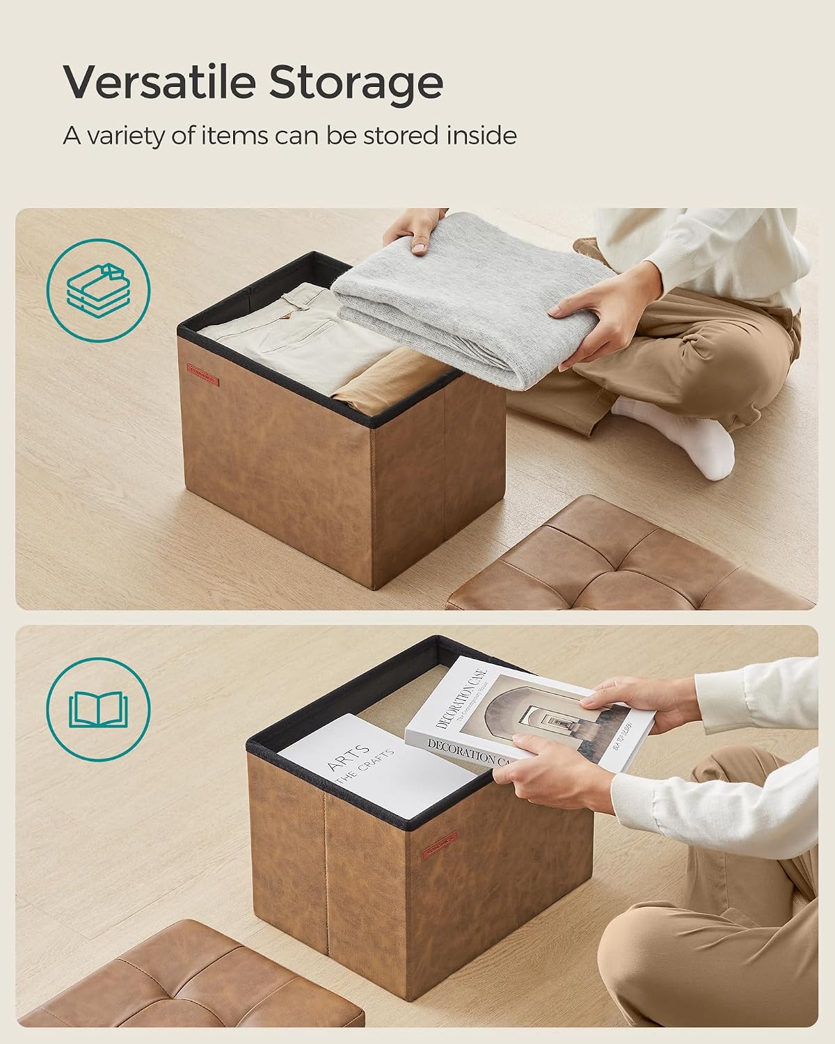 SONGMICS Small Folding Storage Ottoman, Foot Rest Stool, Cube Footrest, Synthetic Leather, 12.2 x 16.1 x 12.2 Inches, 286 lb Capacity, for Living Room, Bedroom, Dorm, Coffee Brown ULSF100K01