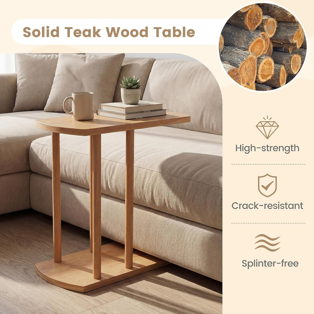 Giantex C-Shaped Teak Wood Side Table, Set of 2 Narrow 2-Tier Couch Tables that Slide Under w/Thickened Top & Sturdy Base, Wooden Sofa End TV Tray Bedside Table for Small Spaces Living Room Bedroom