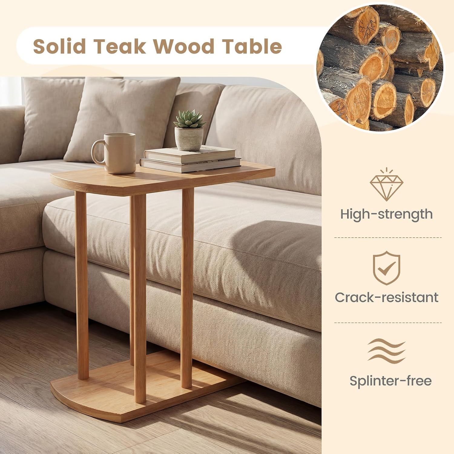 Giantex C-Shaped Teak Wood Side Table, Set of 2 Narrow 2-Tier Couch Tables that Slide Under w/Thickened Top & Sturdy Base, Wooden Sofa End TV Tray Bedside Table for Small Spaces Living Room Bedroom