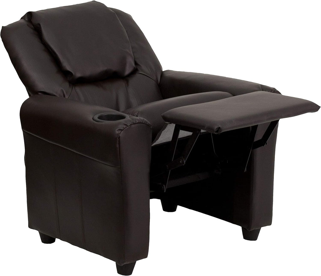 Flash Furniture Vana LeatherSoft Kids Recliner with Cup Holder, Headrest, and Safety Recline, Contemporary Reclining Chair for Kids, Supports up to 90 lbs., Brown