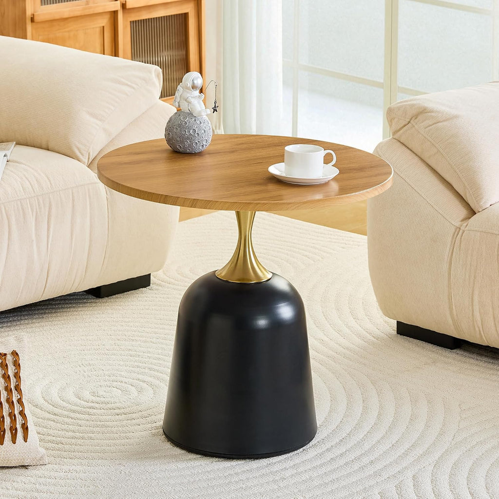 Modern 23.6" Round End Table, Wood Grain Side Table with Heavy-Duty Metal Base, Small Coffee Table for Living Room, Minimalist Nightstand for Bedroom, Simple & Sturdy Bedside Table (Wood)