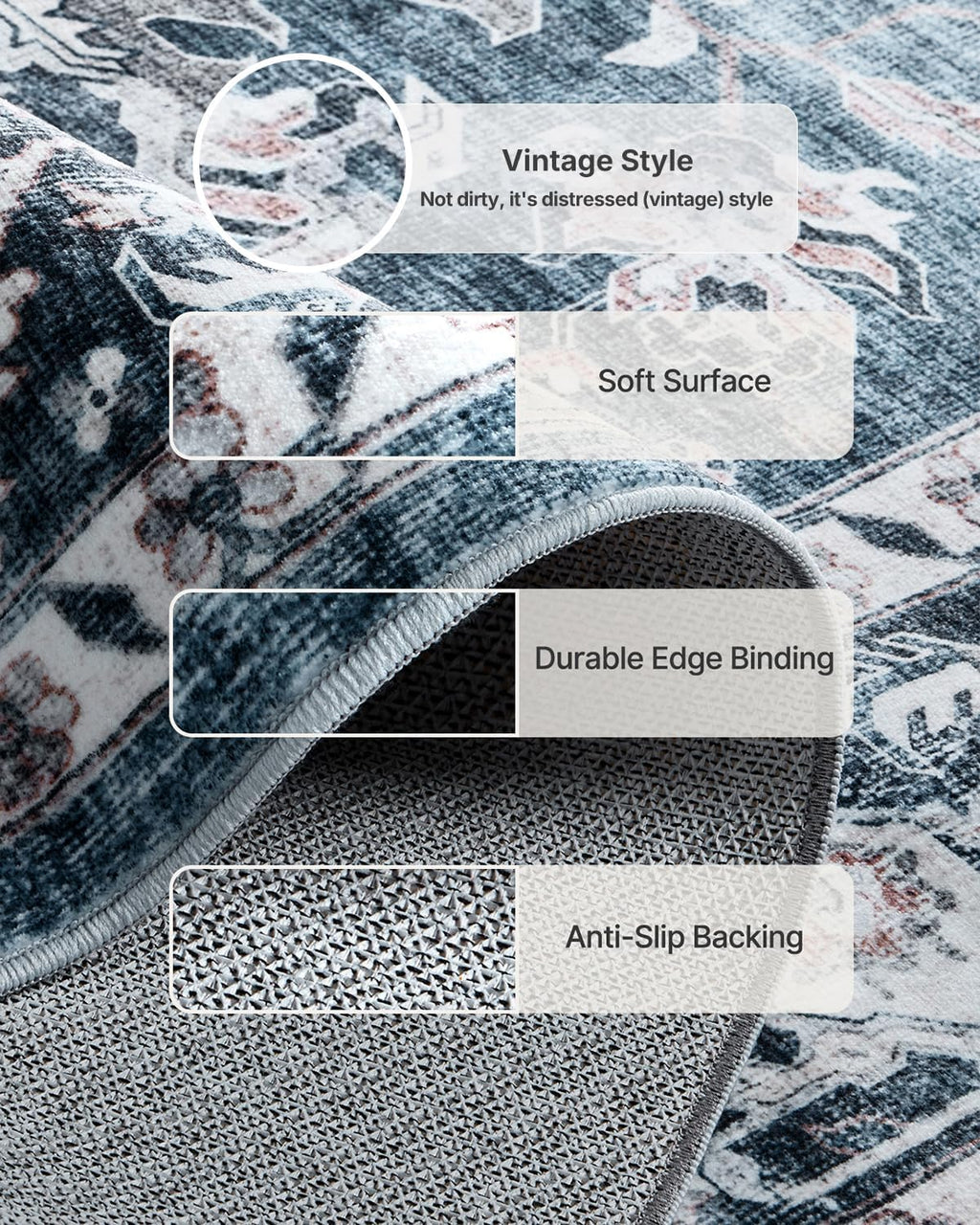 AMADA HOMEFURNISHING 8x10 Washable Area Rug, Low-Profile with Non-Slip Backing & Durable Edge Binding, Vintage Large Rugs for Living Room, Bedroom, Dining Room, Blue