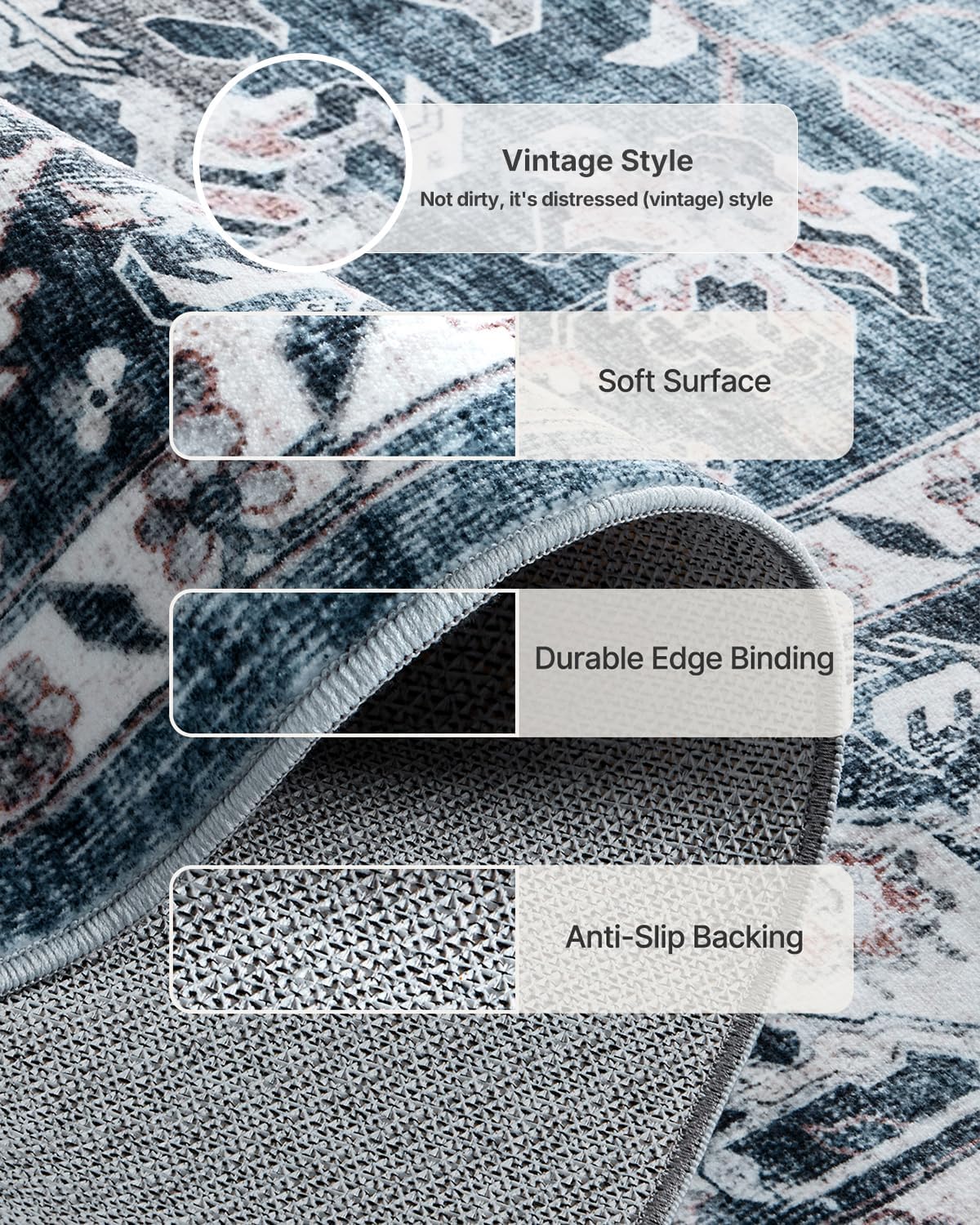 AMADA HOMEFURNISHING 8x10 Washable Area Rug, Low-Profile with Non-Slip Backing & Durable Edge Binding, Vintage Large Rugs for Living Room, Bedroom, Dining Room, Blue