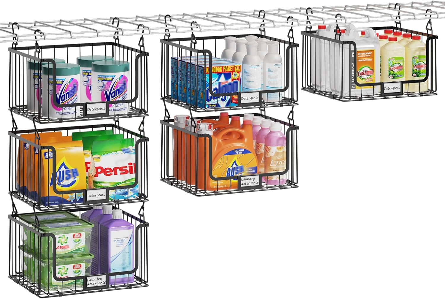 3-Pack Hanging Laundry Organizer, Stackable Wire Shelf Storage with Label Cards, Foldable Metal Baskets with 360 Rotating Hooks, Space-Saving for Laundry Room, Closet & Pantry, 11"15" Large, Black