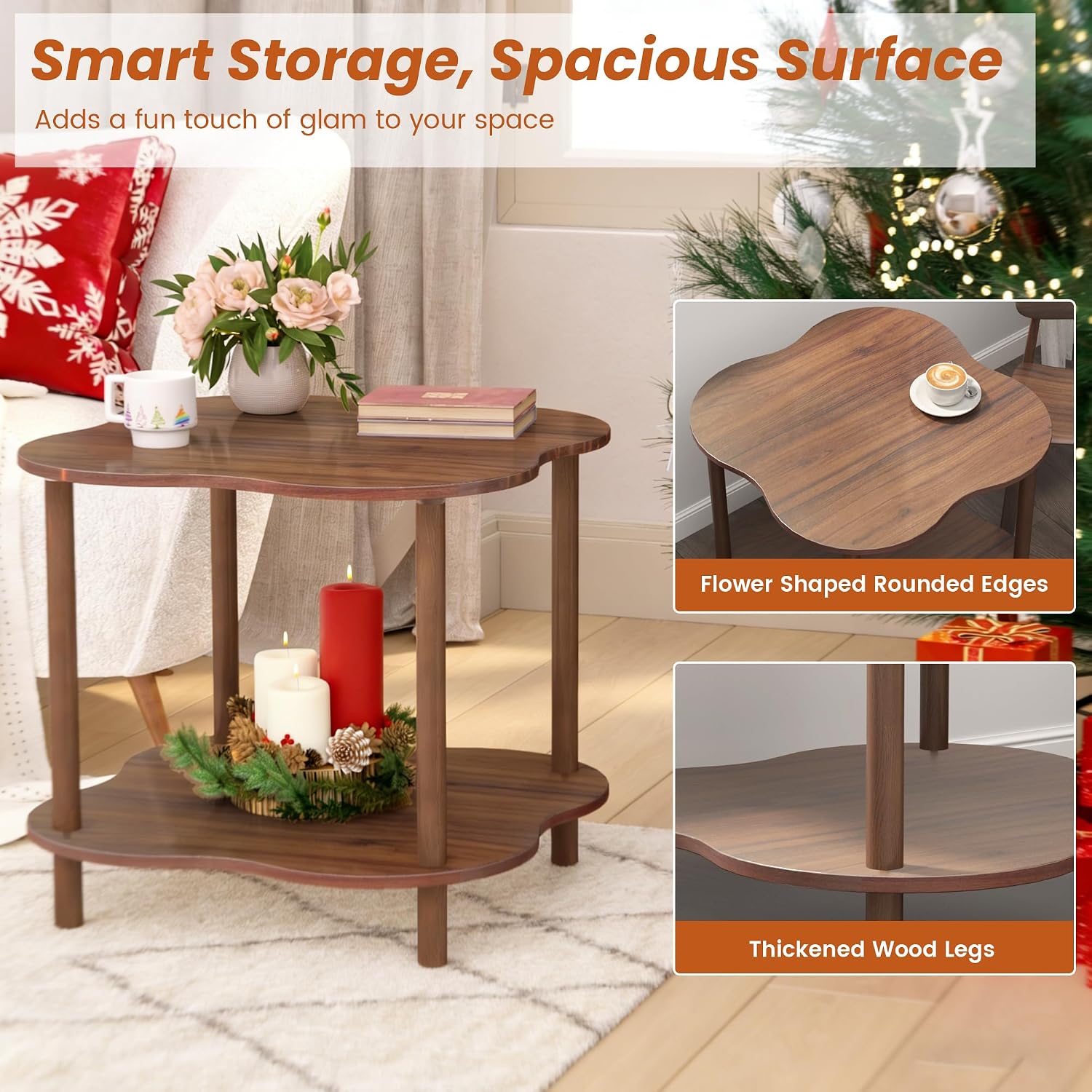 Flower Shape End Table - 2-Tier Walnut Wood Color Coffee Tables, Modern Wooden Sofa Side Table Open Storage, Easy Assembly Tea Table for Living Room Home Cafe, 23.6’’W x23.6’’Dx20.9’’H