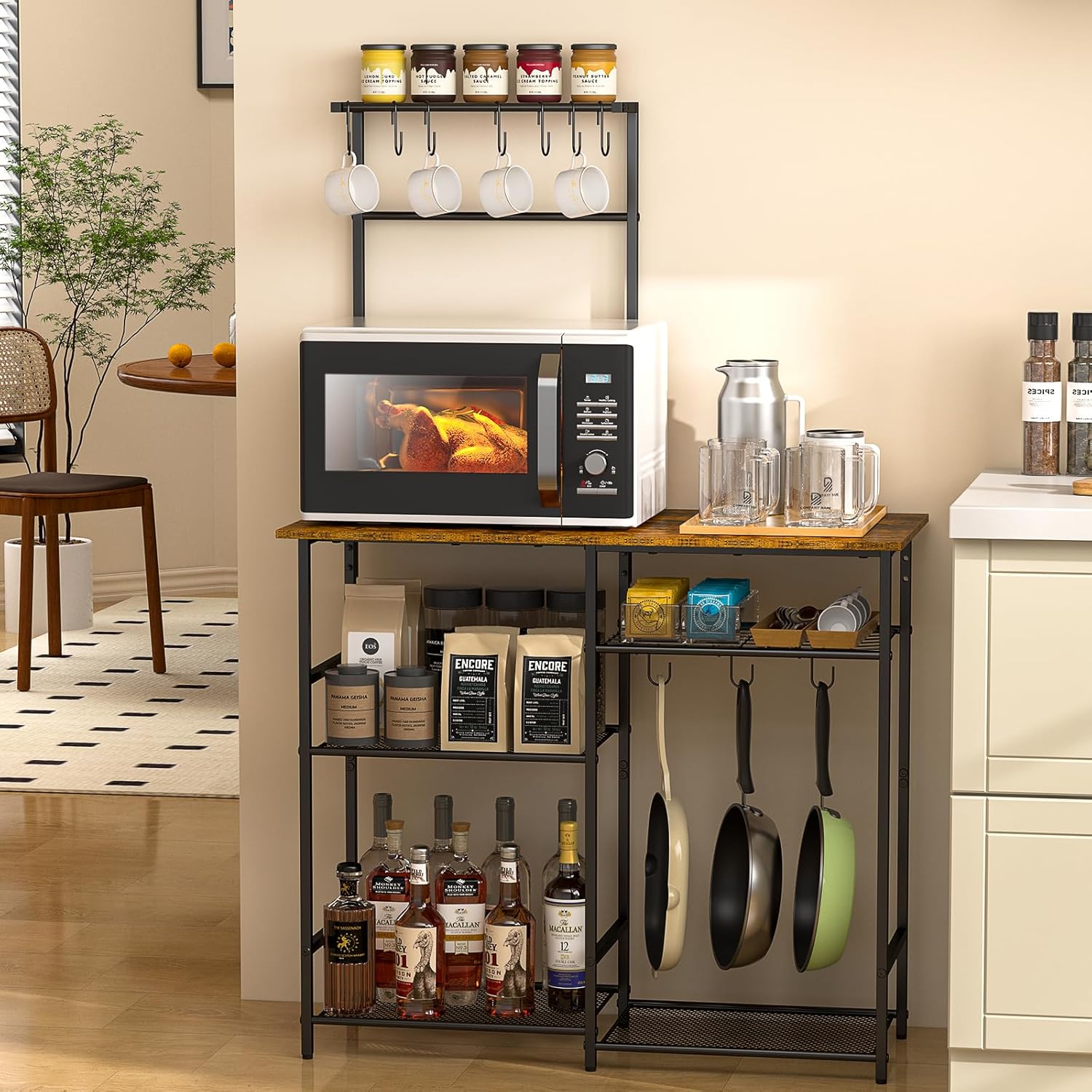 3IngSeagulls Baker's Rack for Kitchen with Storage, Microwave Stand with Adjustable Shelves and 10 S Hooks, 6-Tier Coffee Bar Station, Kitchen Shelves for Spices, Pots, Rustic Brown