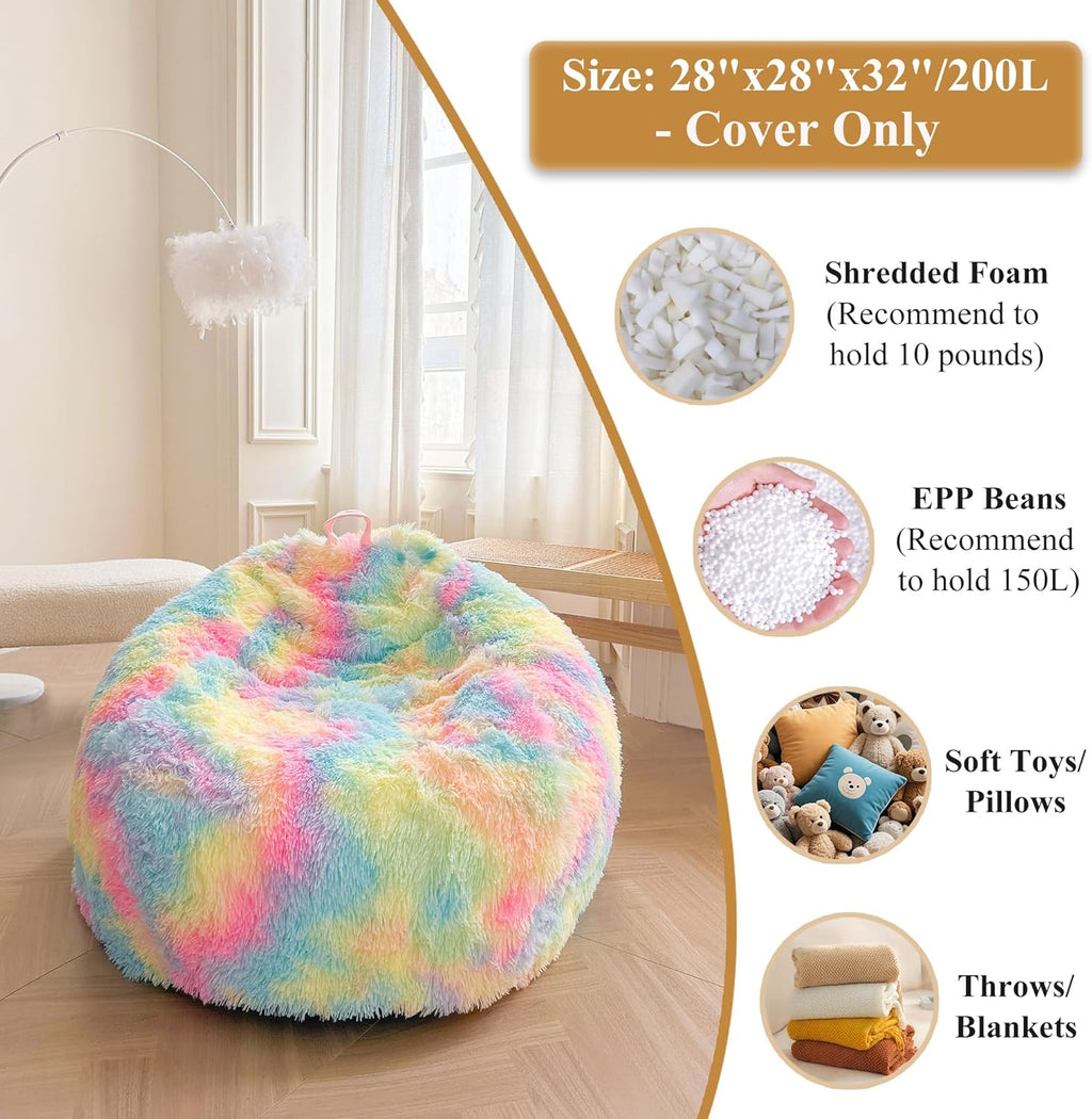 XeGe Kids Fluffy Faux Fur Bean Bag Chair Cover (No Filler), Soft Furry Stuffed Animal Storage Bean Bag Cover for Plush Toys, Shaggy Fuzzy Beanbag for Kids Teens Girls Children, Anti-Slip, Rainbow