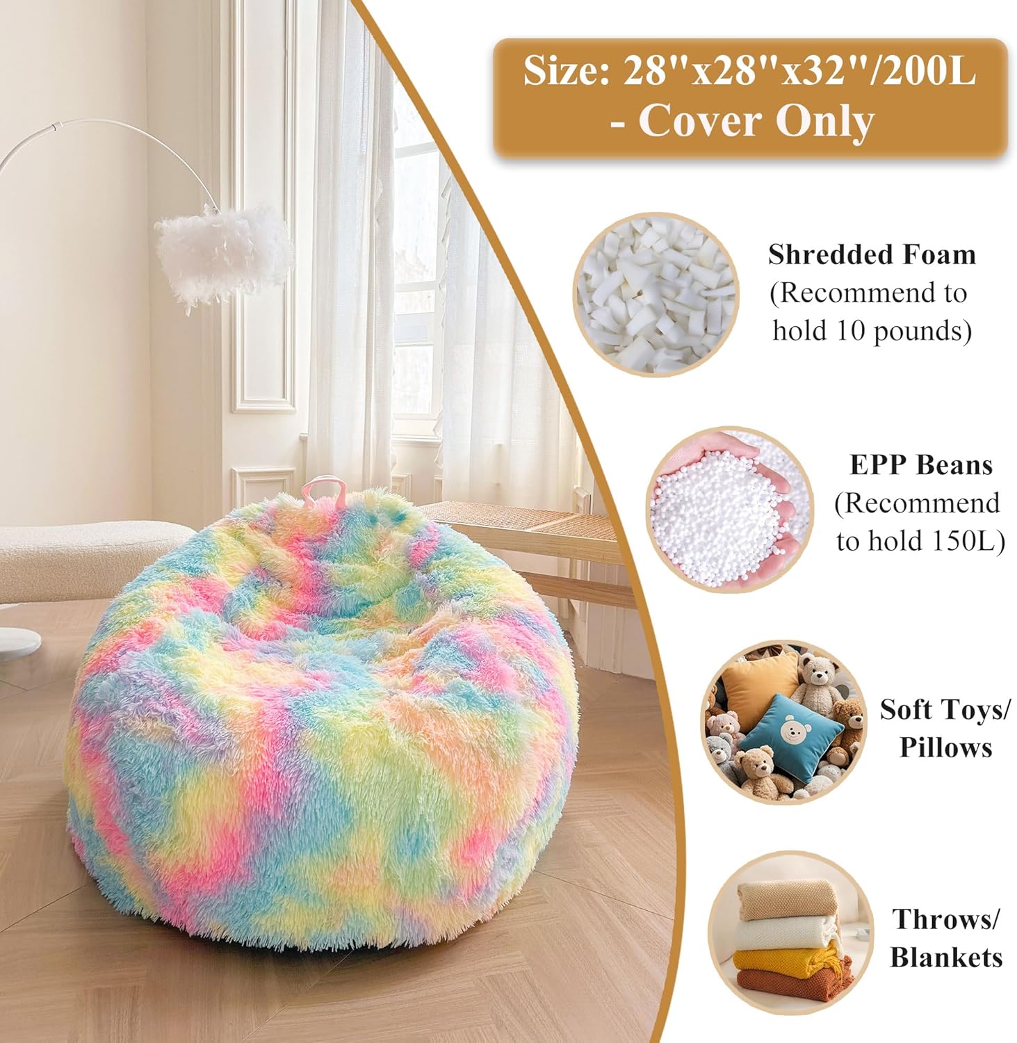 XeGe Kids Fluffy Faux Fur Bean Bag Chair Cover (No Filler), Soft Furry Stuffed Animal Storage Bean Bag Cover for Plush Toys, Shaggy Fuzzy Beanbag for Kids Teens Girls Children, Anti-Slip, Rainbow