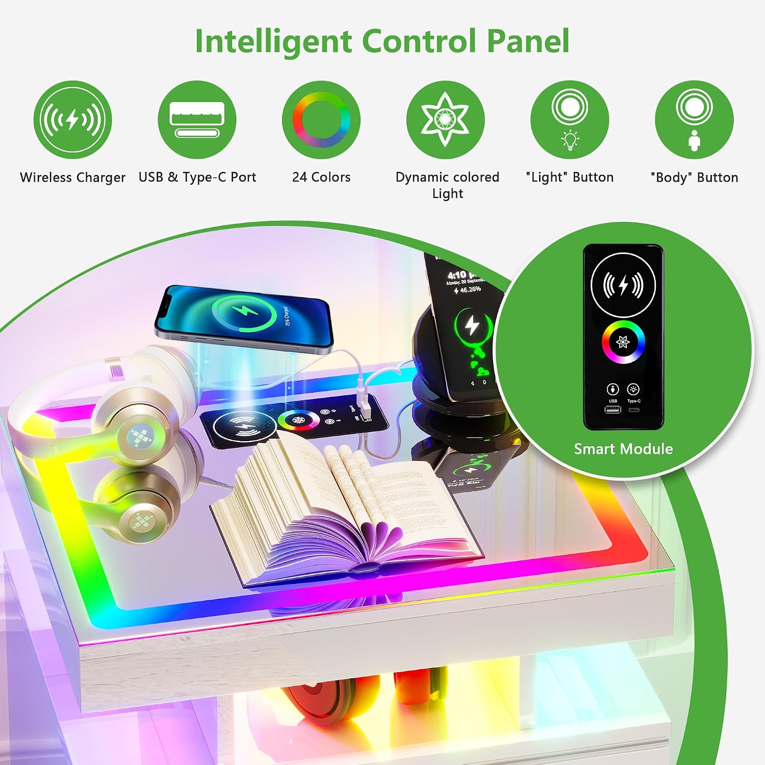 HNEBC Night Stand Set 2 with Wireless Charging Station& Remote Lights,White | LED Nightstand with Tempered Glass Top, RGB Dynamic motion sensor Lighting, Higt-Gloss, 2 Drawers for Bedroom,Living Room