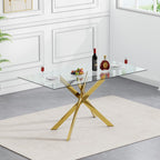 Modern Dining Table for 6 People, 51" Rectangle Dining Room Table with Gold Chrome Metal X-Base, Rectangular Tempered Glass Dining Table, Kitchen Dining Room Tables Luxury Dinner Table