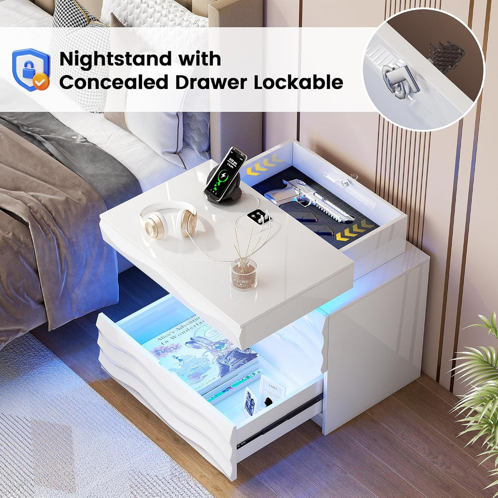 Night Stand with Gun Drawer - 23.6" Extra Wide LED 2 - Drawer Nightstand with Hidden Storage Human Sensor Light - Charging Bedside End Table with USB & Type-C Port for Bedroom, White