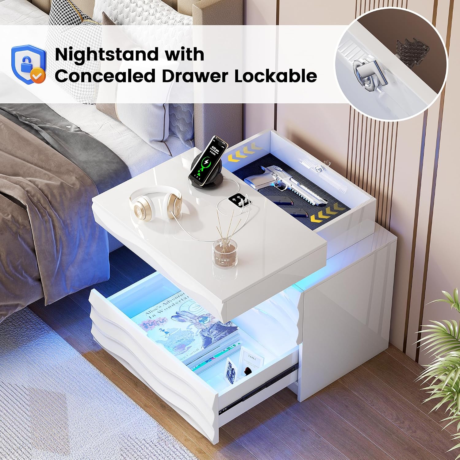 Night Stand with Gun Drawer - 23.6" Extra Wide LED 2 - Drawer Nightstand with Hidden Storage Human Sensor Light - Charging Bedside End Table with USB & Type-C Port for Bedroom, White