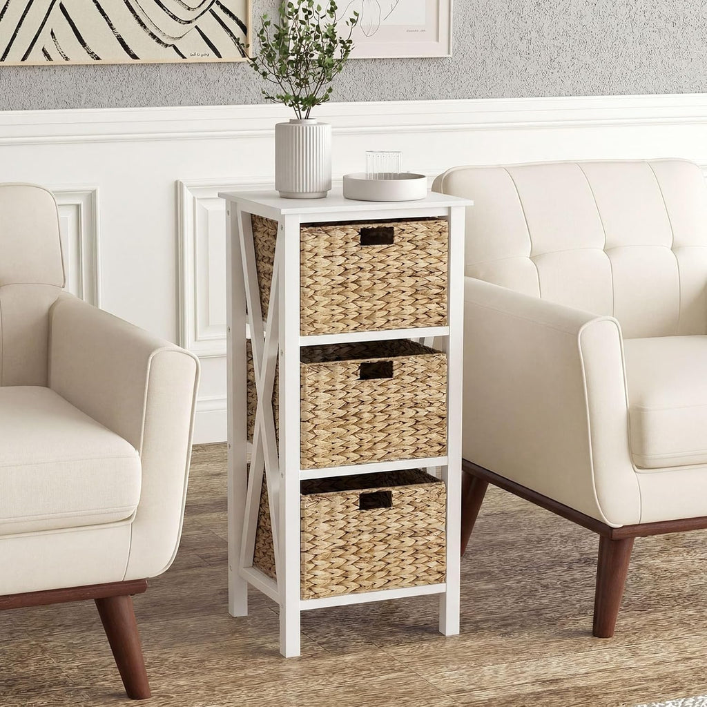 GOFLAME End Table with Wicker Drawers, Sofa Side Table with 3 Baskets, Rubber Wood X-Shaped Frame & Acacia Wood Legs, 3-Tier Wicker Nightstand Bedside for Living Room, Bedroom, White