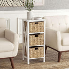 GOFLAME End Table with Wicker Drawers, Sofa Side Table with 3 Baskets, Rubber Wood X-Shaped Frame & Acacia Wood Legs, 3-Tier Wicker Nightstand Bedside for Living Room, Bedroom, White
