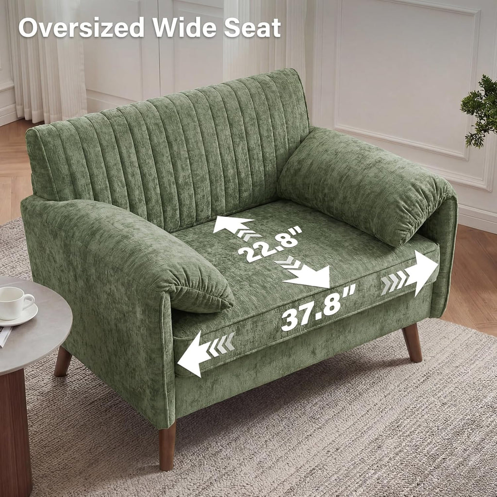 Modern Oversized Accent Reading Chair for Living Room, 43", Chenille, Green | Piping Single Armchair with Quilting Backrest, Padded Arms, Wood Legs for Bedroom, Office, Reception Area