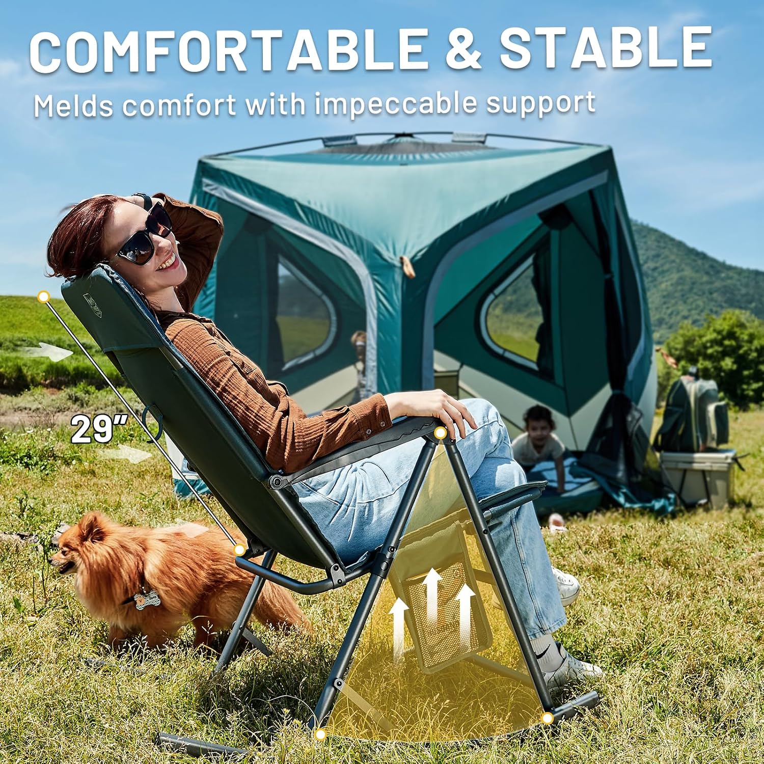 Timber Ridge 3-Level Adjustable Rocking Camping Chair, Ergonomic Padded High Back, Supports 300 LBS, Stable Anti-Tip Rocker, Hard Armrests for Easy Standing, Portable for Patio, Lawn & Tailgating
