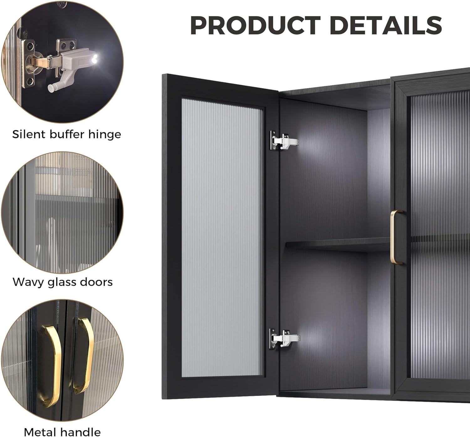 24”W Wall Cabinet with Acrylic Glass Doors Set of 2, Kitchen Wall Cabinets with Adjustable Shelf, Laundry Room Wall Mounted Cabinet, Bathroom Wall Cabinet with Light(Black)