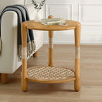 Harbor Oak 20" Round Oak Wood End Table with Seagrass Accents and Shelf Storage | Coastal Boho Side Table. Natural Oak Finish.