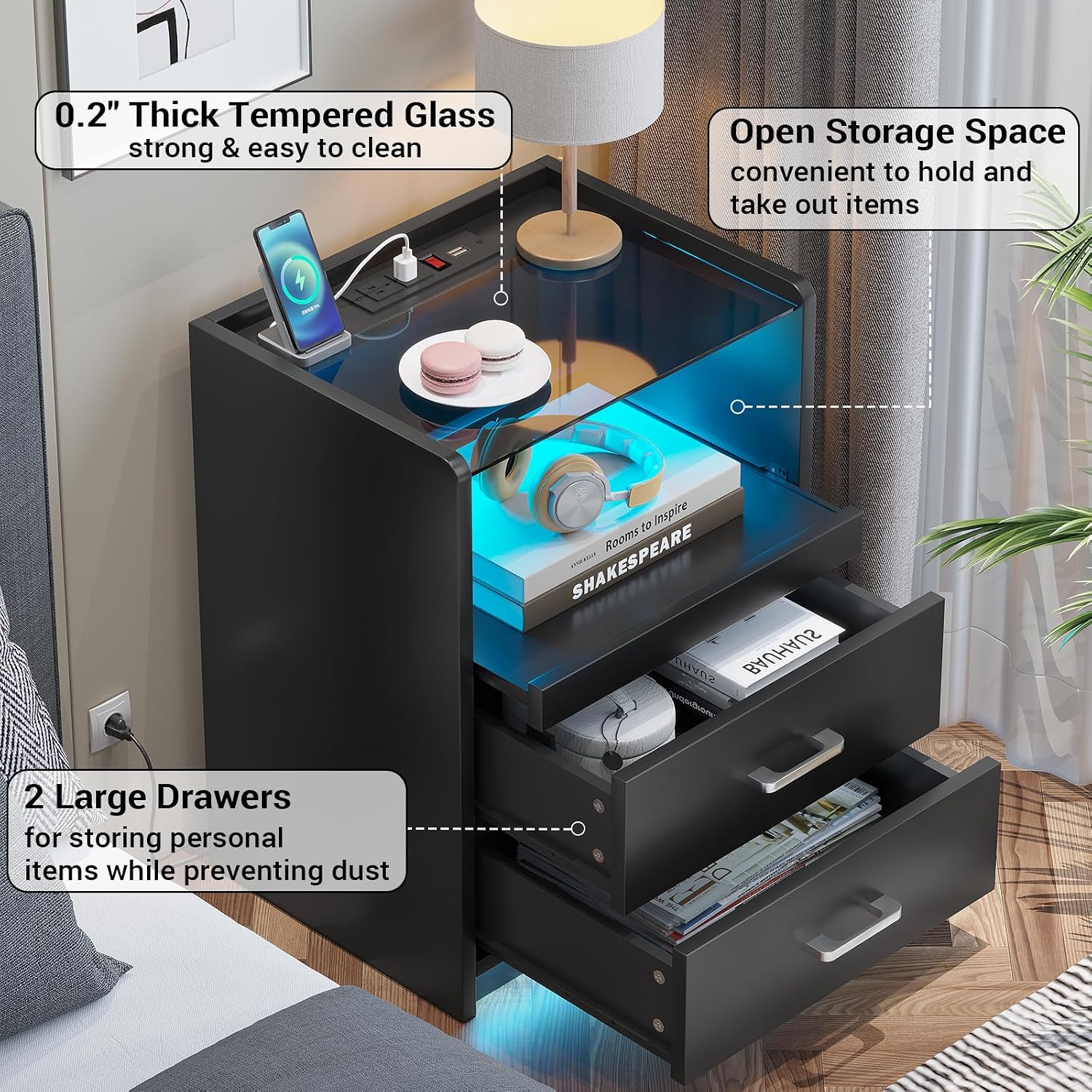 AOGLLATI LED Nightstands Set of 2 with Charging Stationand Glass Top | Black Night Stand with 2 Drawers, Bedside Table with Pull-Out Shelf, Modern End Side Tables with USB Ports Outlets