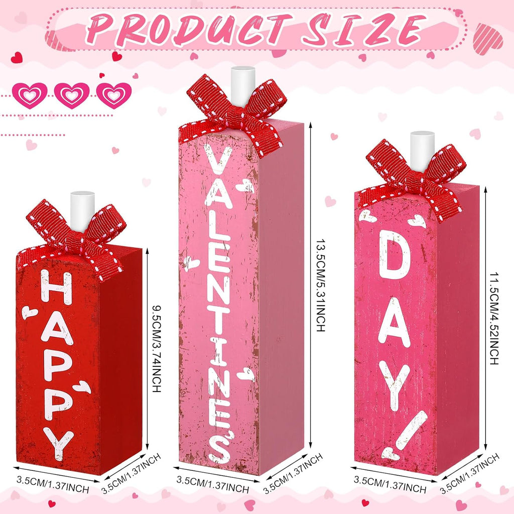 Redbaker 3 Pcs Valentine's Day Decorations for Home Wooden Block Sign Happy Valentines Day Table Decor Rustic Farmhouse Red Pink Centerpieces for Tiered Tray Wedding Mother Party Shelf Mantel Favor
