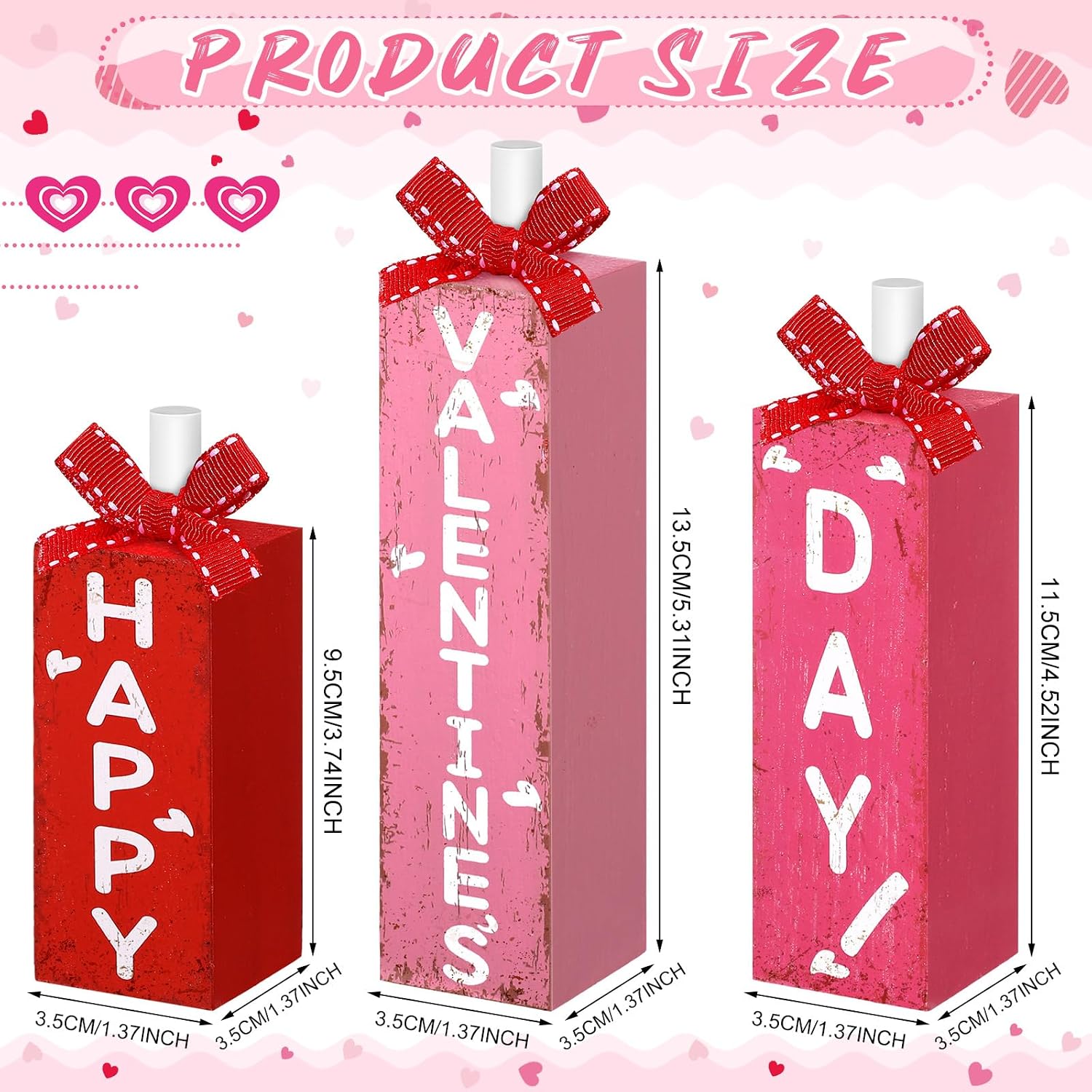 Redbaker 3 Pcs Valentine's Day Decorations for Home Wooden Block Sign Happy Valentines Day Table Decor Rustic Farmhouse Red Pink Centerpieces for Tiered Tray Wedding Mother Party Shelf Mantel Favor