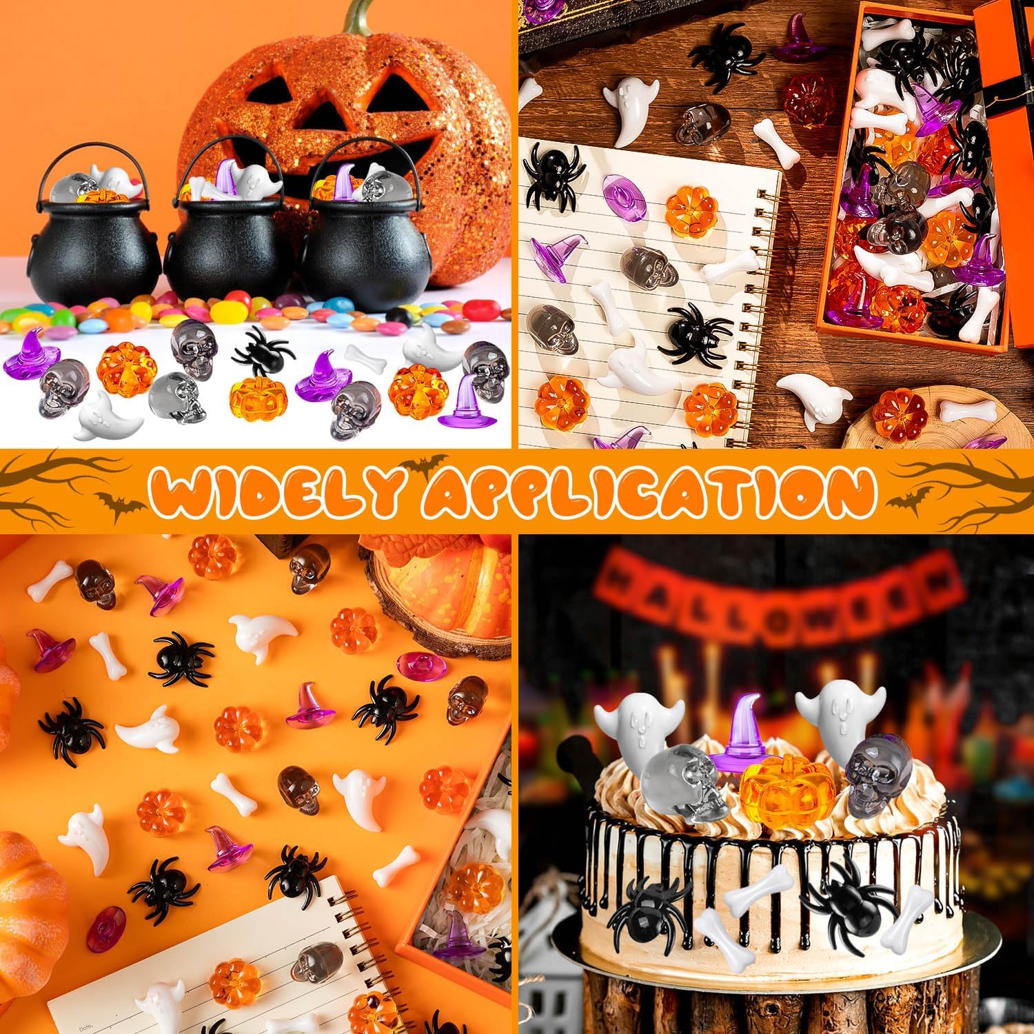 110 Pcs Halloween Vase Filler, Mini Acrylic Pumpkin Ghost Skull Spider Witch Hats Gems for Centerpieces Table Decorations, Halloween Sensory Bin Filler for DIY Crafts