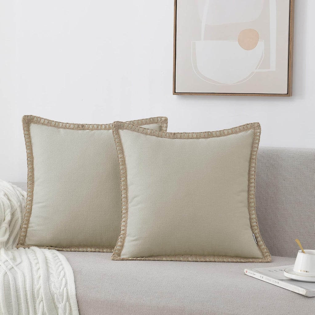 NordECO HOME Set of 2 Farmhouse Throw Pillow Covers - Burlap Linen Trimmed Tailored Edges Decorative Cushion Covers for Bed Home Decoration (Oatmeal/Linen Band, 2 Pieces, 20" x20")