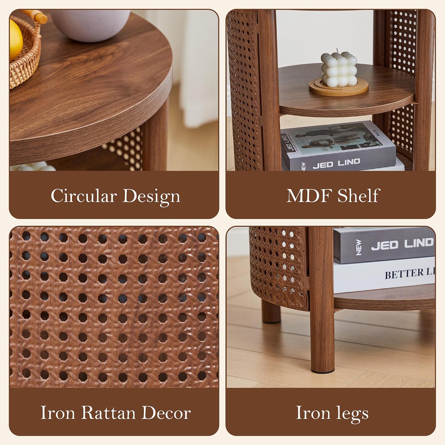 Small Round Side Set of 2, 16" Mid-Century Farmhouse End Table with Iron Rattan for Sofa Couch, Wood Storage Shelf + Metal Frame Nightstand for Bedroom, Living Room, Entryway (Walnut)
