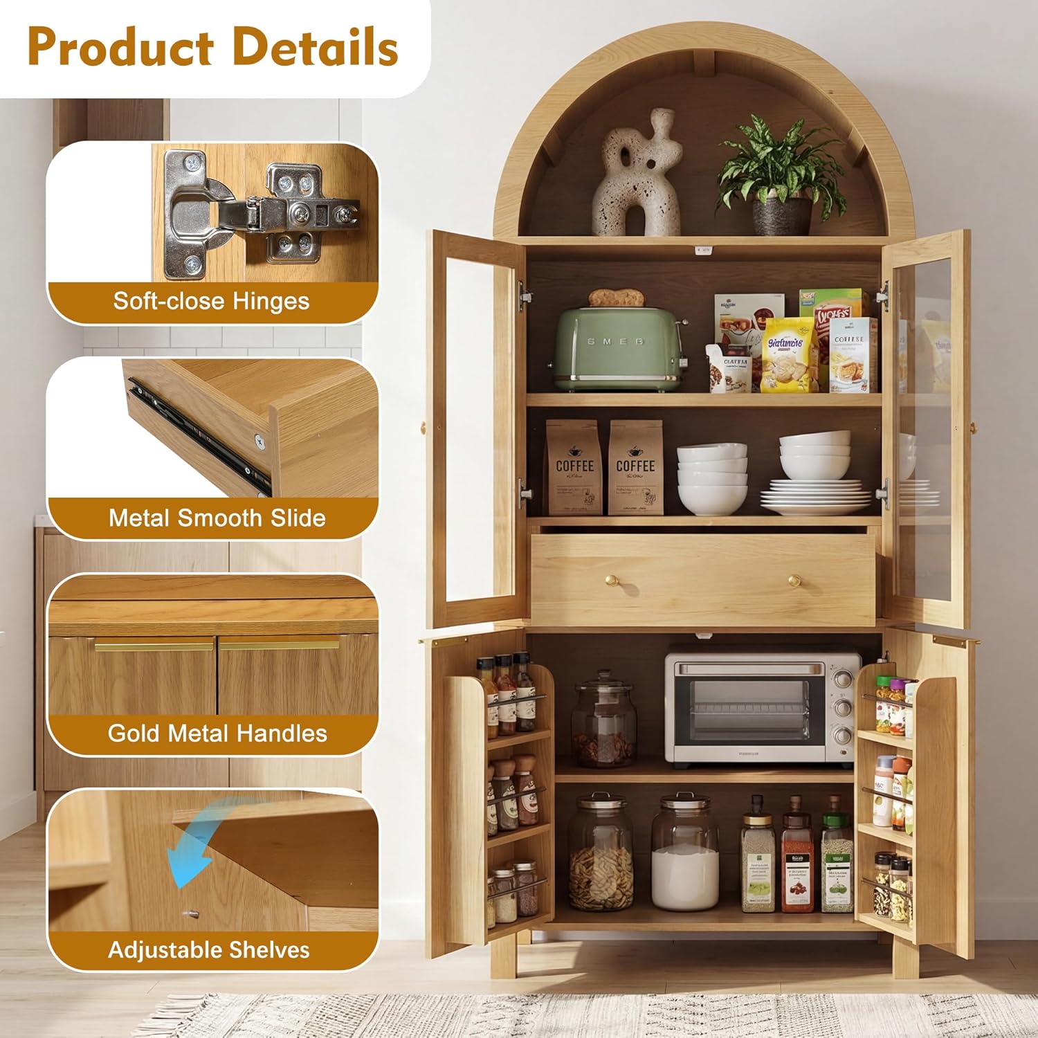 71'' Tall Arched Kitchen Pantry Cabinet with Glass Doors, Oak Finish Fluted Storage Cabinet with Adjustable Shelves & Drawer, China Cabinet for Kitchen, Dining Room