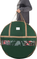 Wreath Storage Container - Canvas Bag with Clear Window and Handles Holds 48-Inch Artificial Wreath with Compartment for Ornaments by Elf Stor (Green)