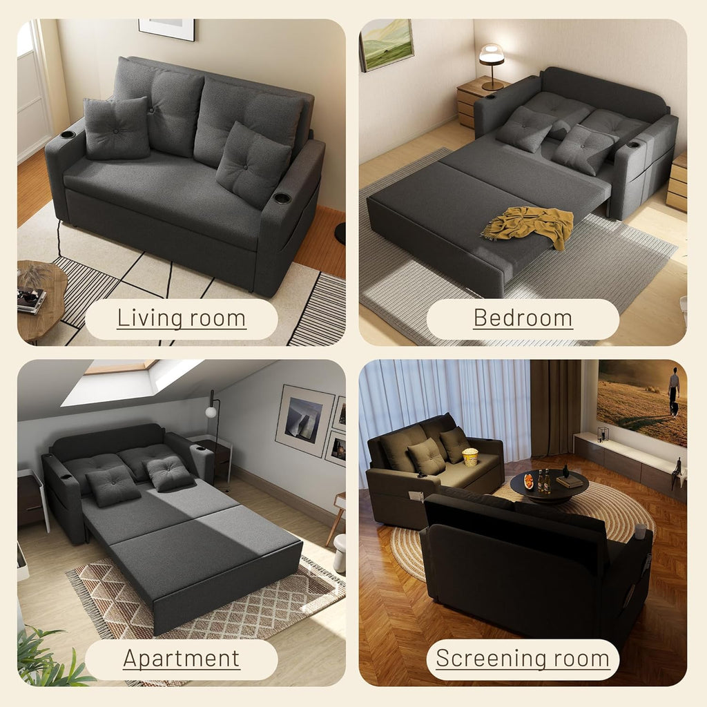 Krcix 3 in 1 Sofa Bed, 56 Inch Convertible Pull Out Couch, Loveseat Sleeper Sofa with Cup Holders, USB, Side Pockets, Multi-Function Couch Bed for Living Room, Apartment, Charcoal Grey