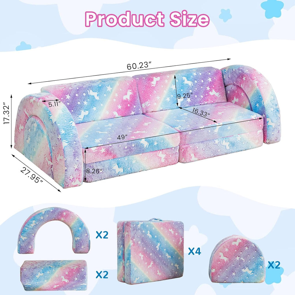 10Pcs Modular Kids Play Couch Glow, Convertible Play Fort Kids Couch, Instant Rebound 28D Foam Toddler Couchs, Kid Sofa for Playroom, Bedroom Furniture, Colorful and Unicorn