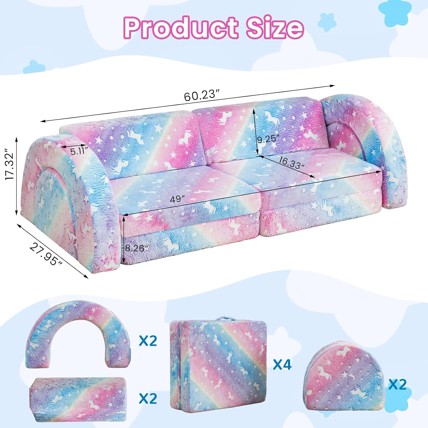 10Pcs Modular Kids Play Couch Glow, Convertible Play Fort Kids Couch, Instant Rebound 28D Foam Toddler Couchs, Kid Sofa for Playroom, Bedroom Furniture, Colorful and Unicorn