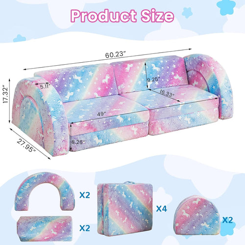 10Pcs Modular Kids Play Couch Glow, Convertible Play Fort Kids Couch, Instant Rebound 28D Foam Toddler Couchs, Kid Sofa for Playroom, Bedroom Furniture, Colorful and Unicorn